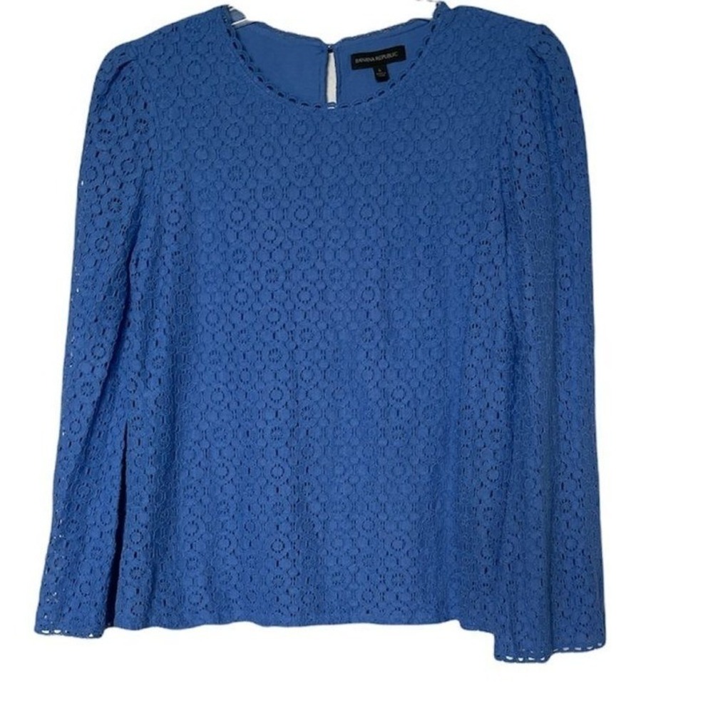 Banana Republic Top Womens L Blue Floral Eyelet Lace Long Sleeve EUC